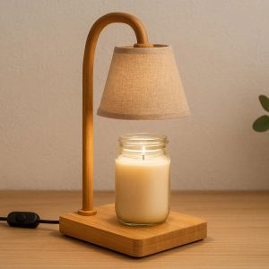 Bamboo Base Candle Warmer Lamp with Fabric Shade Electric Wax Melter for Jar Candles Dimmable Table Lamp for Natural Eco Friendly Home Decor