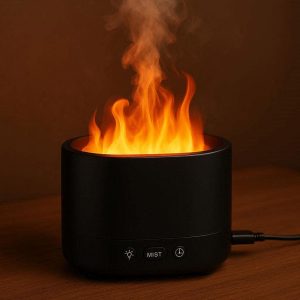 Flame Effect Essential Oil Diffuser Lamp USB Desktop Humidifier with Warm Night Light Simulated Fire Aromatherapy Mist Maker for Office Black