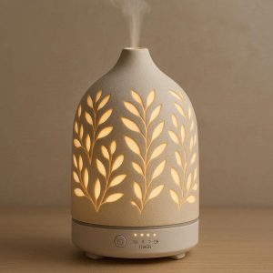 Ceramic Essential Oil Diffuser Lamp with Warm White Light Ultrasonic Aromatherapy Mist Maker with Timer for Desktop Spa Yoga Home Decor