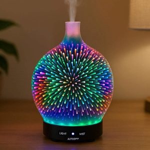 Glass 3D Fireworks Essential Oil Diffuser Lamp Desktop Aromatherapy Mist Maker with 6 Color Changing LED Lights Auto Shut Off for Bedroom