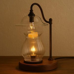 Vintage Glass Candle Warmer Lamp with Wooden Base Electric Wax Melt Burner for Scented Candles Home Decor Fragrance Lamp with 2 Bulbs