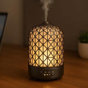 Metal Geometric Essential Oil Diffuser Lamp Ultrasonic Aromatherapy Mist Maker with Warm Light and Timer for Modern Office Desktop Decor