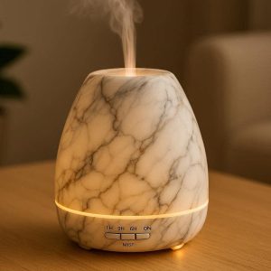 Marble Pattern Essential Oil Diffuser Lamp Ultrasonic Aromatherapy Mist Maker with 4 Timer Settings and Warm LED Light for Luxury Home
