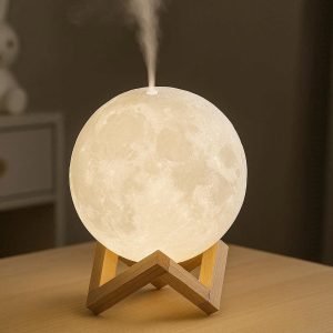 Moon Shaped Essential Oil Diffuser Lamp 3D Printed Lunar Night Light with Ultrasonic Aromatherapy Mist Maker for Kids Bedroom Desk White